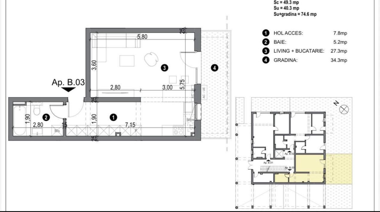 Apartament 1 camera, 40,3 mp utili cu GRADINA - COMISION 0%